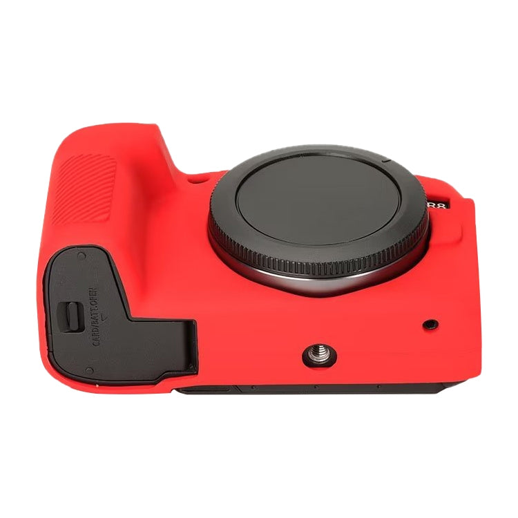 Red soft silicone protective case for Canon EOS R8 camera, showcasing its snug fit and durable design.